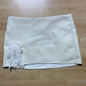 Fashion Nova White Faux Leather Mini Skirt with Feather Trim